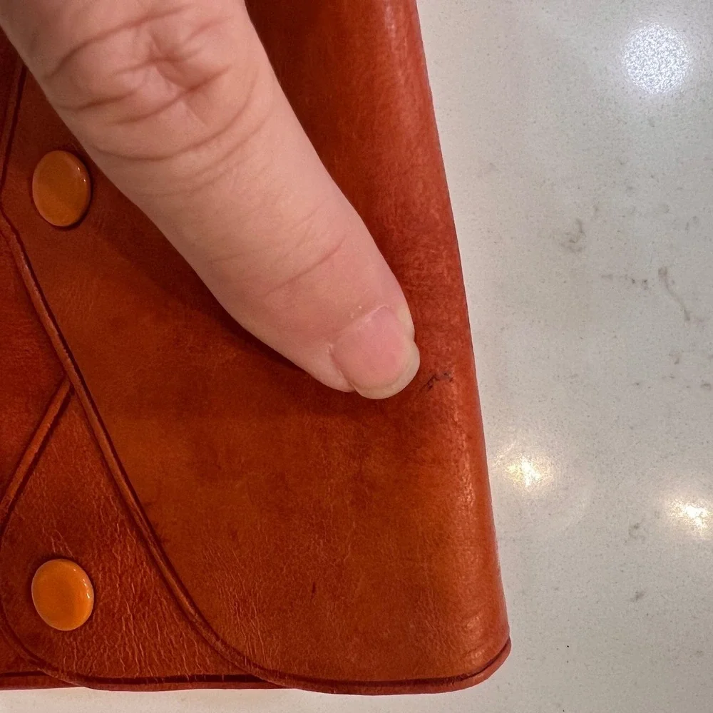 Vintage Burnt Orange Leather Envelope Clutch Triple Snap Hand Made Wallet